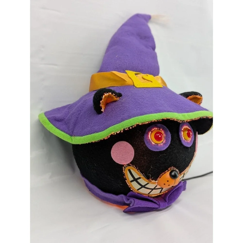 Vtg Gemmy '04 Fiber Optic Haunted Head Black Cat Light Color Change Halloween